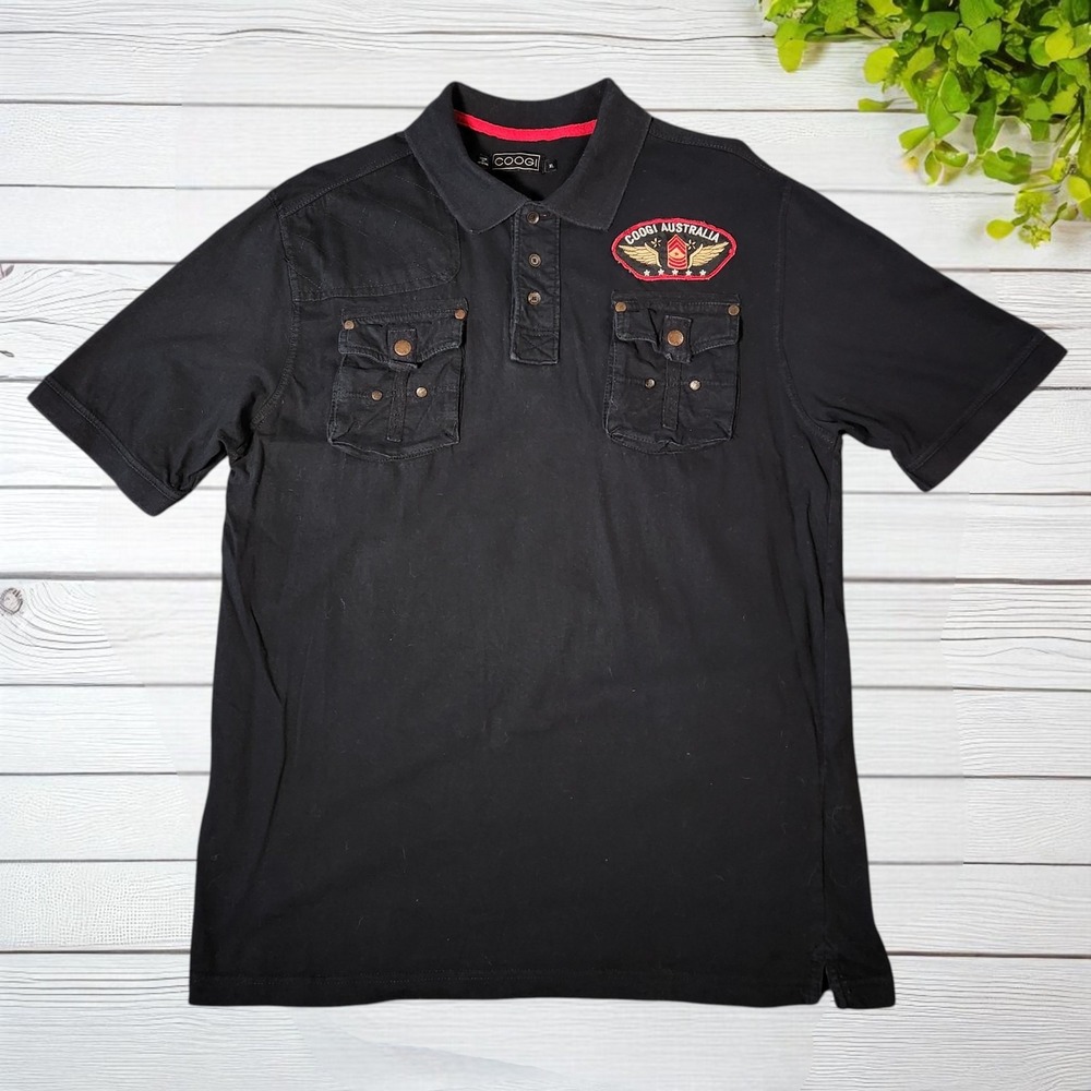 Coogi Australia Mens Black Embroidered Short Sleeve Polo Shirt XL Pockets